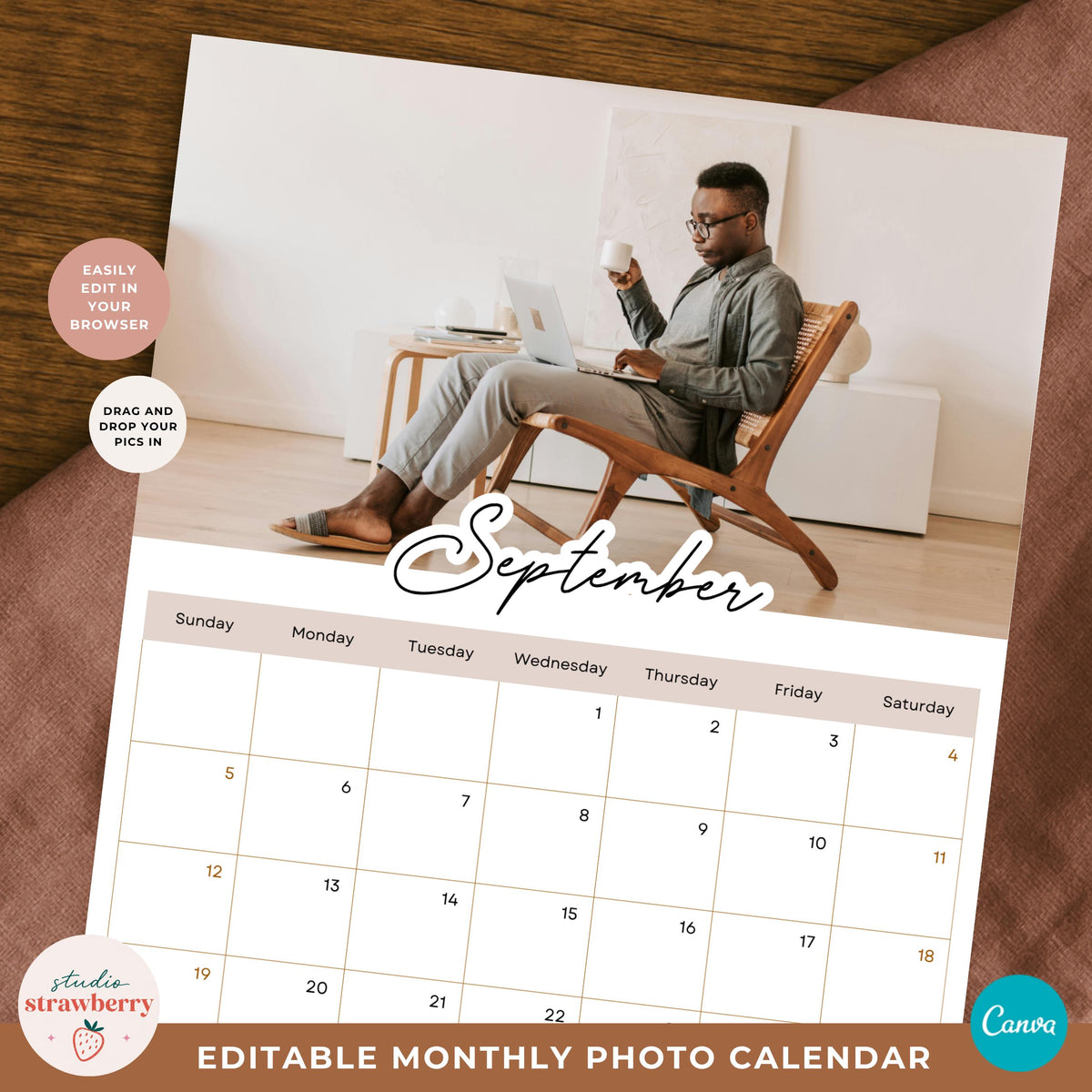 Canva photo calendar template close-up featuring a September page with a large picture area and clean monthly date grid.