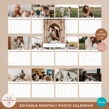 Editable monthly photo calendar showing all twelve months of 2027 and a matching photo cover page in one coordinated design.