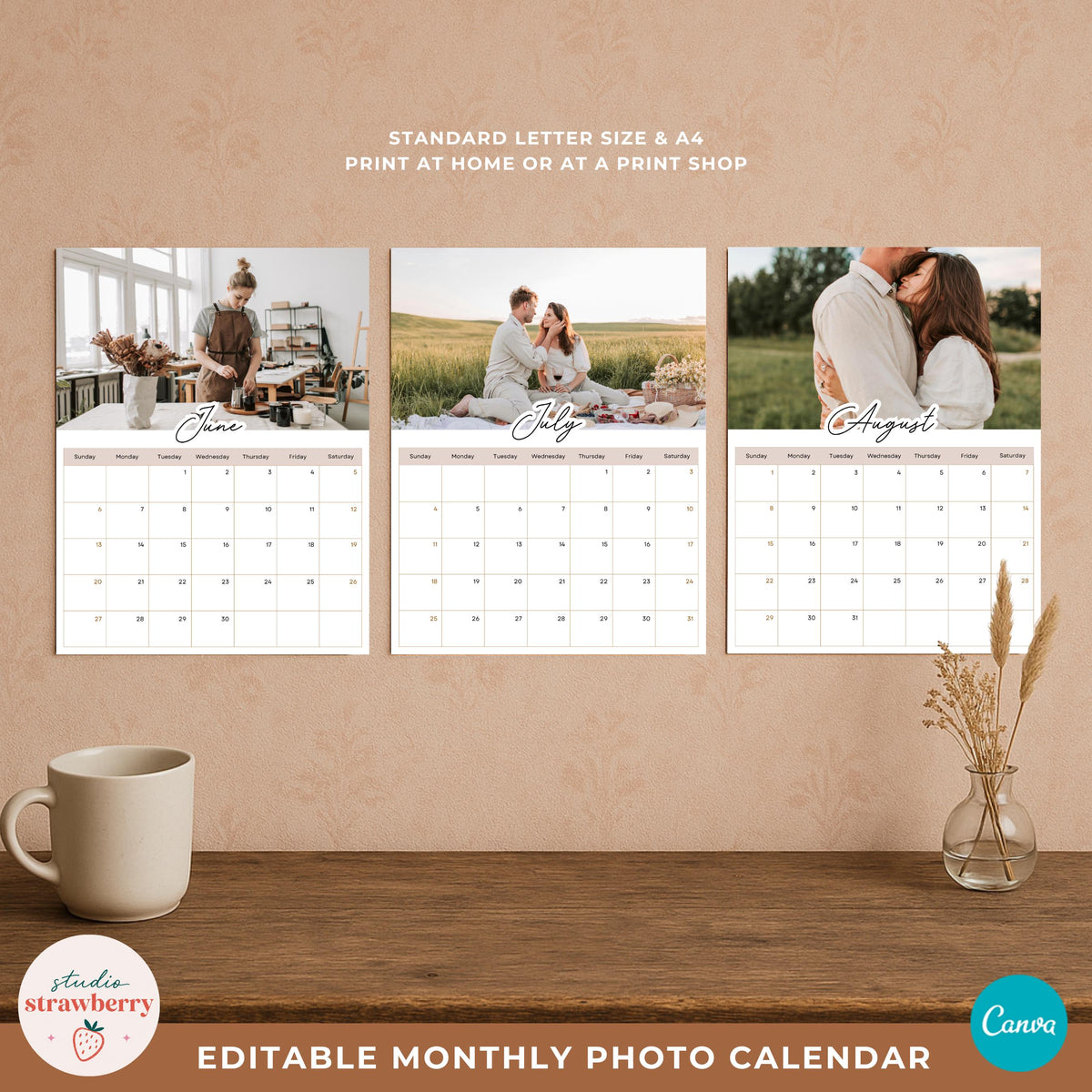 A4 and US Letter photo calendar pages displayed on a wall to show the printable monthly calendar size and layout.