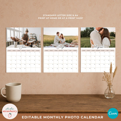 A4 and US Letter photo calendar pages displayed on a wall to show the printable monthly calendar size and layout.