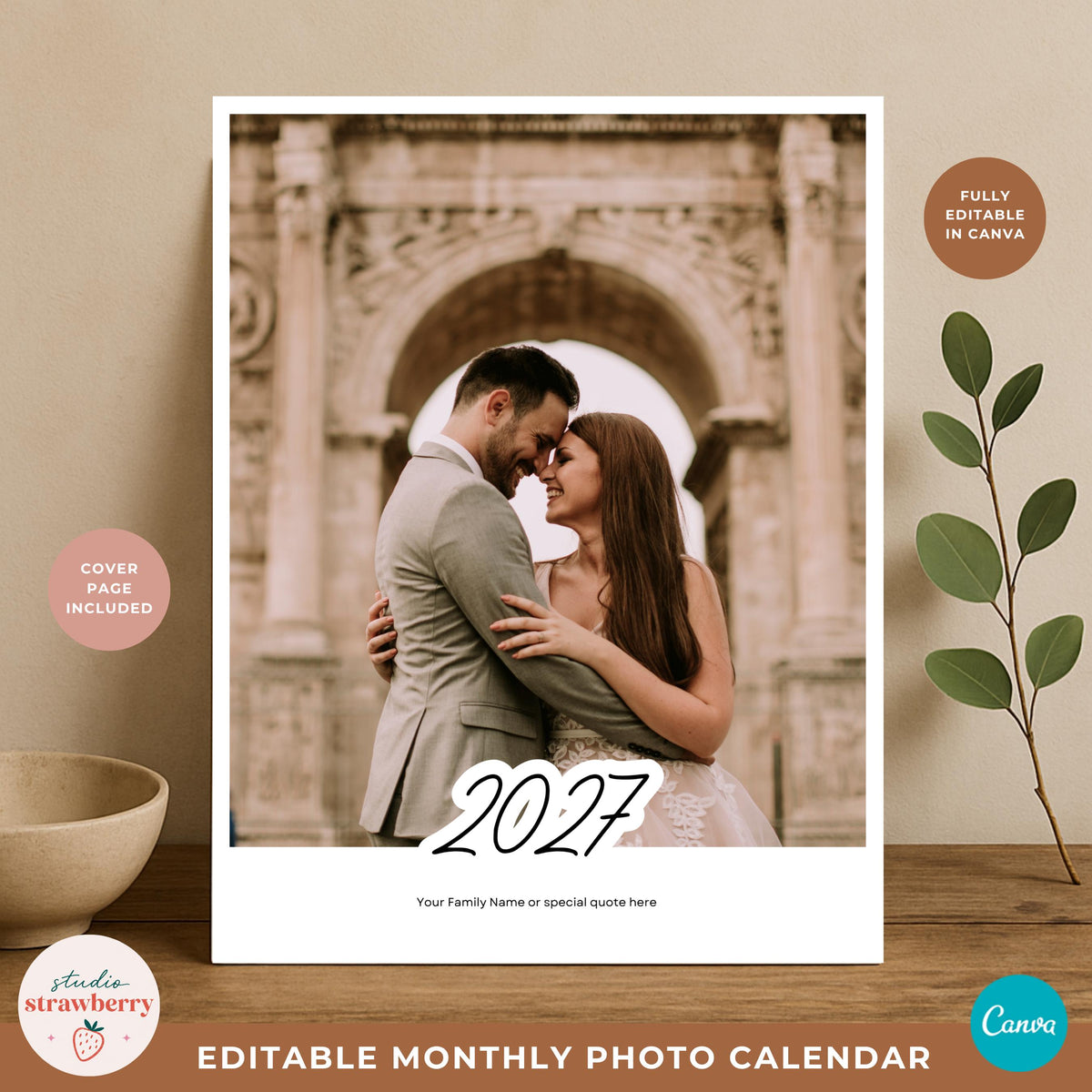 Wedding photo calendar template cover featuring a couple photograph with an editable 2027 title and space for personalized text.