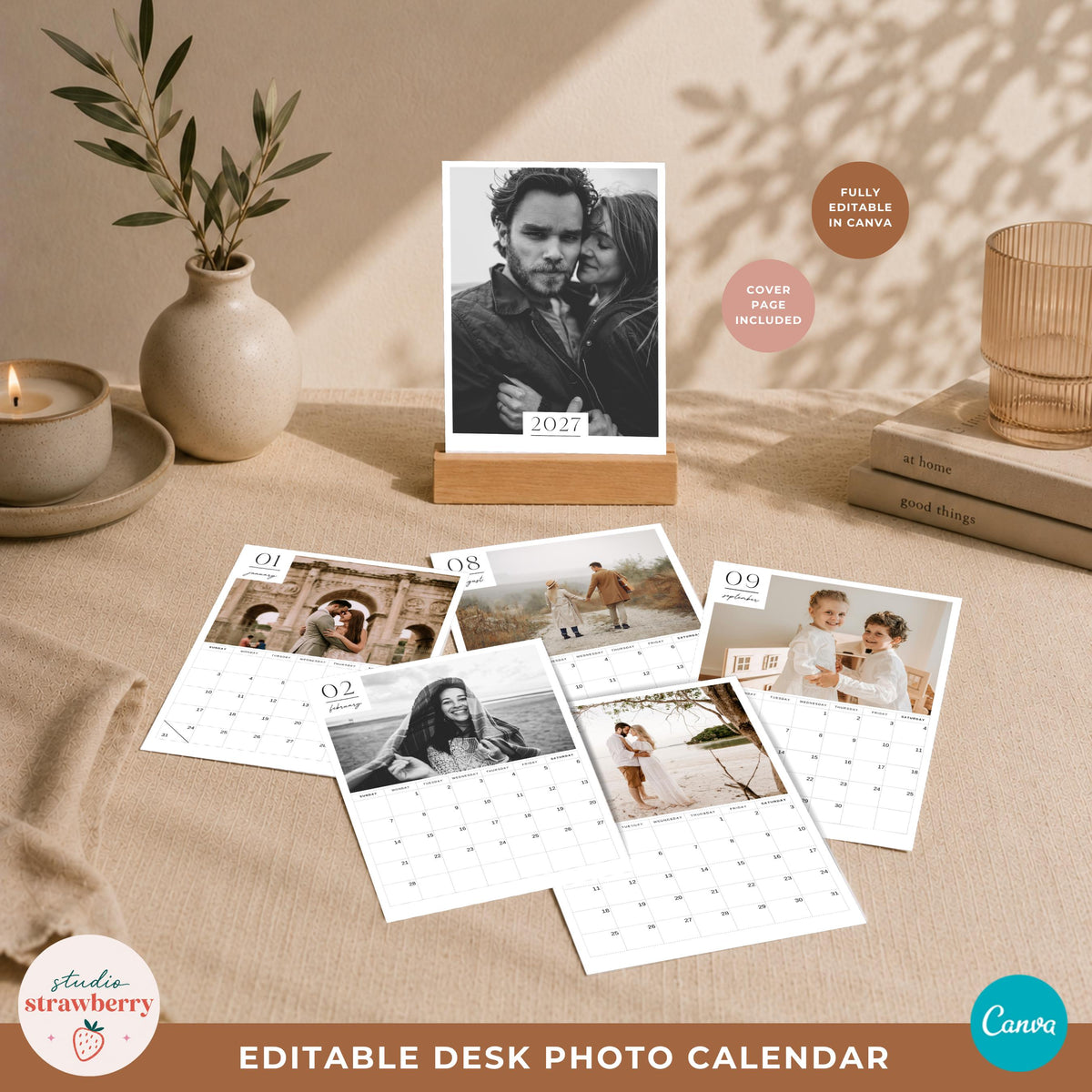 Personalized photo calendar template cover in a wooden stand with several monthly photo calendar pages arranged in front.