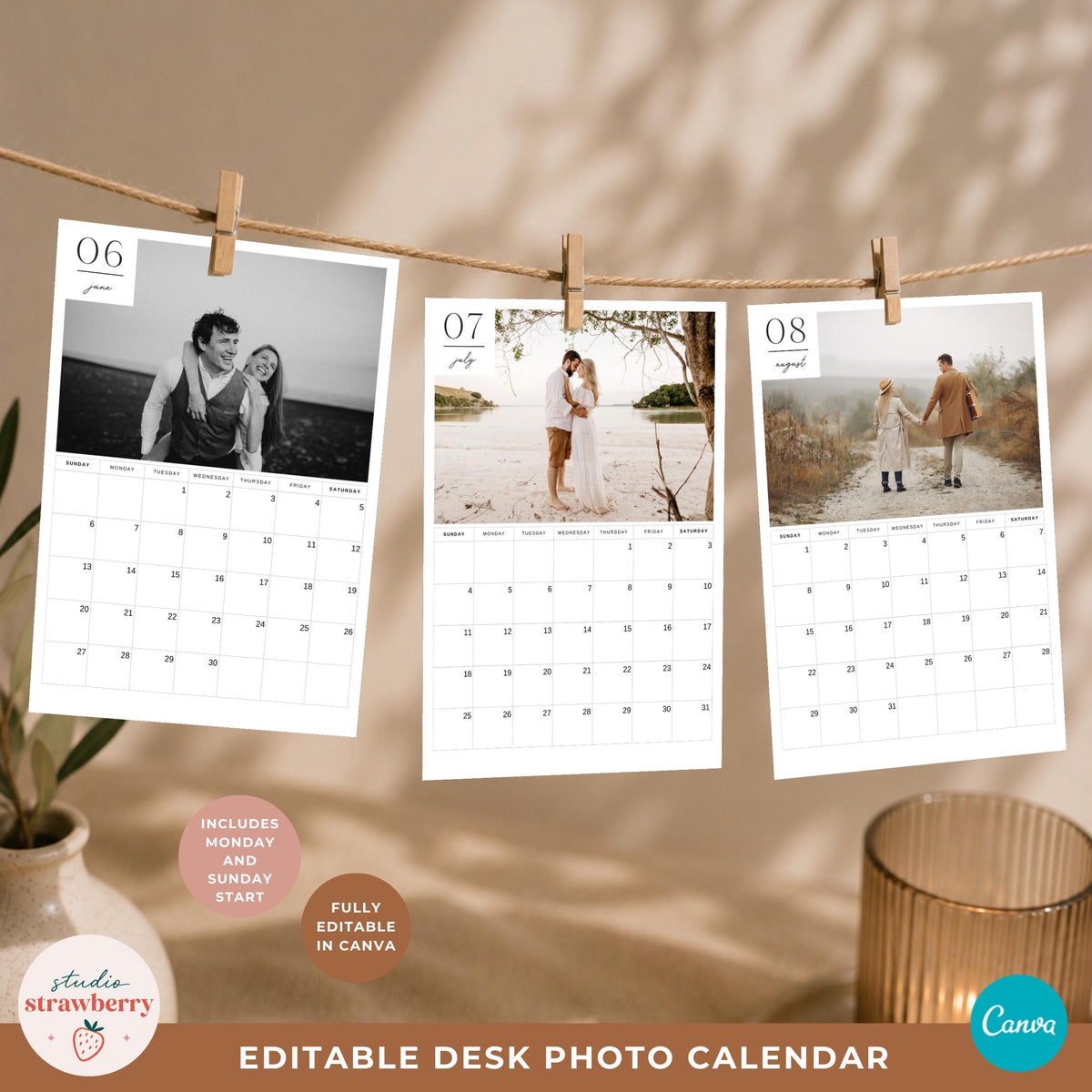 Three summer pages from a Canva photo calendar template hanging on a line in a warm minimal interior.