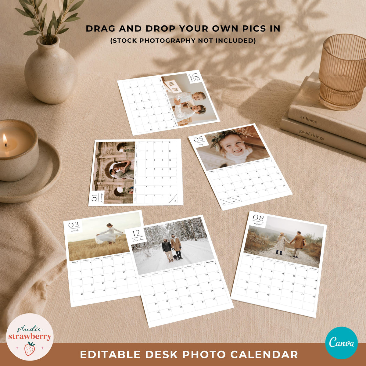 Custom calendar with your own photos shown as loose 5x7 monthly cards arranged on a warm neutral tabletop.