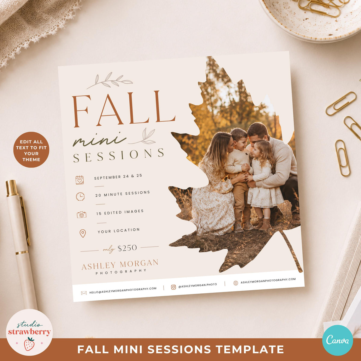 Editable fall mini session template in a warm neutral flat lay, designed for photographers to customize text, colors and images.