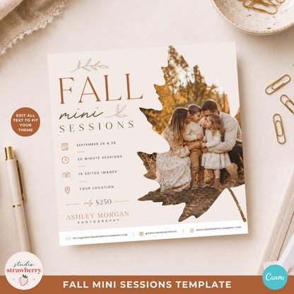 Editable fall mini session template in a warm neutral flat lay, designed for photographers to customize text, colors and images.