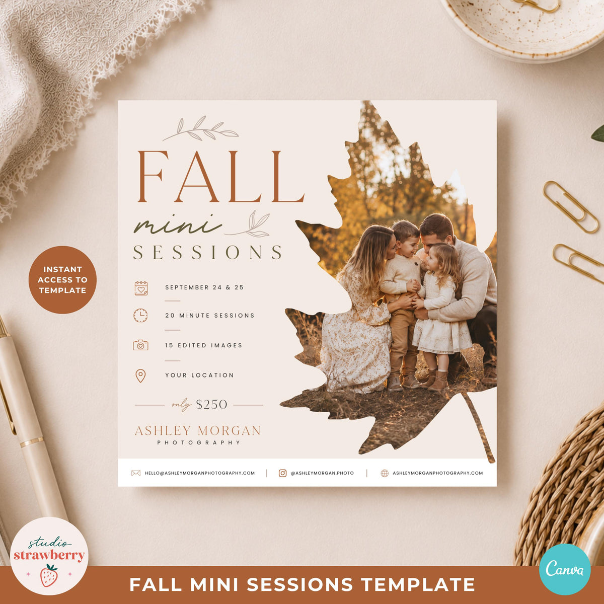Fall photography mini session template displayed as a square marketing flyer with warm neutral colors and seasonal family imagery.
