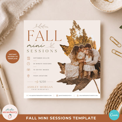 Fall photography mini session template displayed as a square marketing flyer with warm neutral colors and seasonal family imagery.