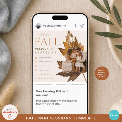 Autumn mini sessions template shown on a phone as a social media post for a photography business.