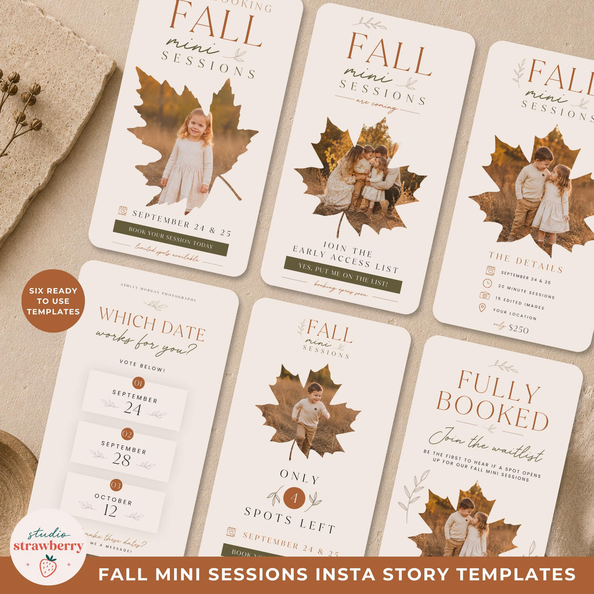 Overview of six fall mini session Instagram story templates for photographers with warm neutral styling and leaf-shaped photo frames.