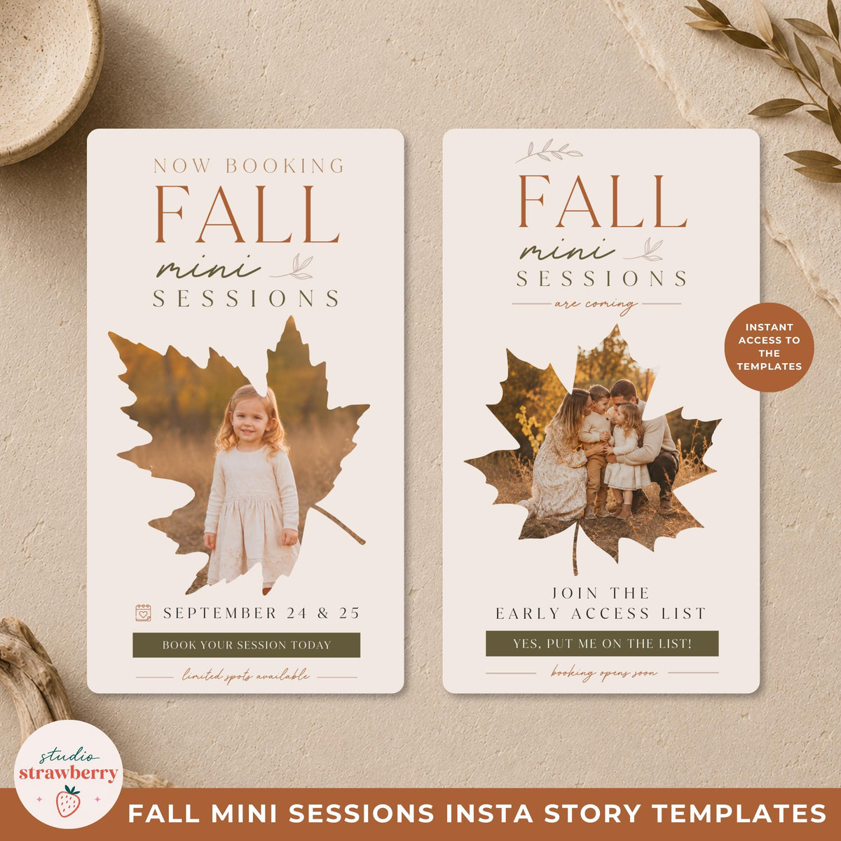 Close-up of two fall mini session story designs featuring a seasonal booking announcement and early access layout.