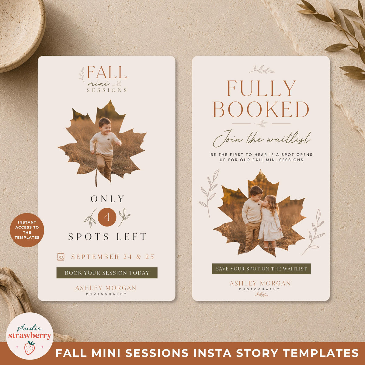 Two fall family mini session templates featuring a limited availability design and a fully booked waitlist design.