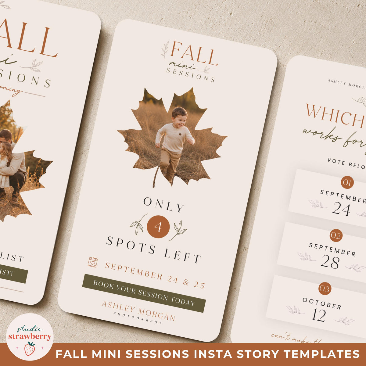 Close-up of a photographer mini session Instagram story template designed to promote limited fall session availability.