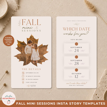 Two autumn photography story templates showing session information and a date choice layout for mini session promotion.
