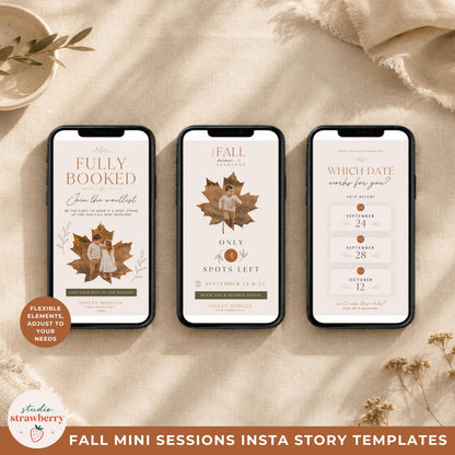 Three fall mini session social media templates shown on phones with date selection, availability and waitlist layouts.