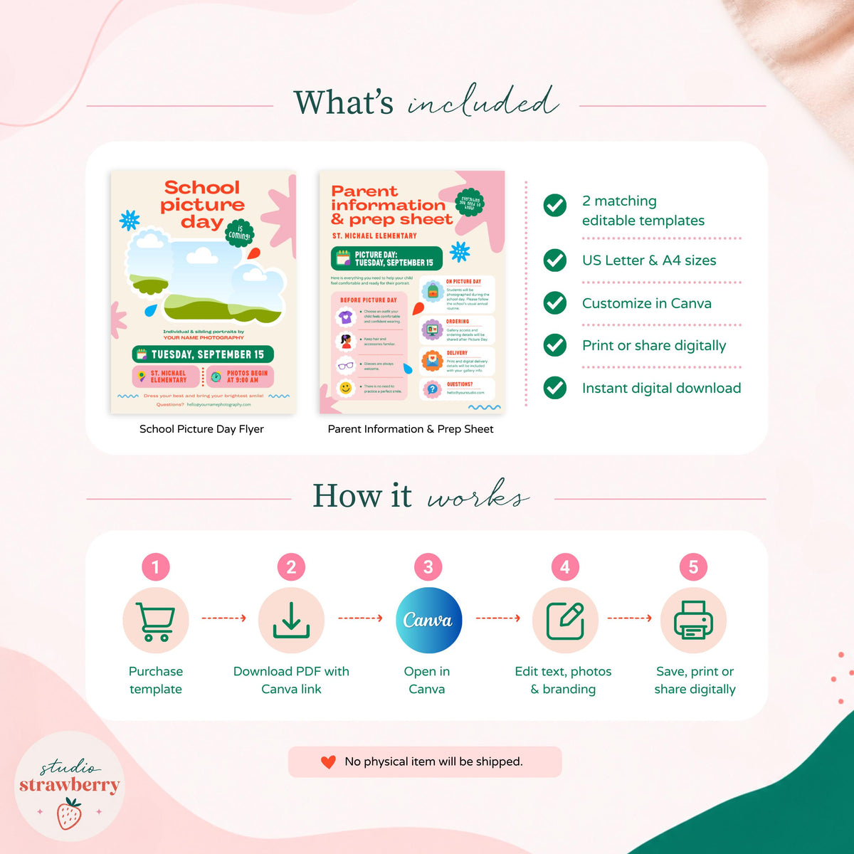 School picture day flyer template set showing what's included and how it works.