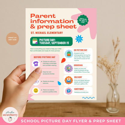Printable school photographer flyer template shown in US Letter held by a hand.