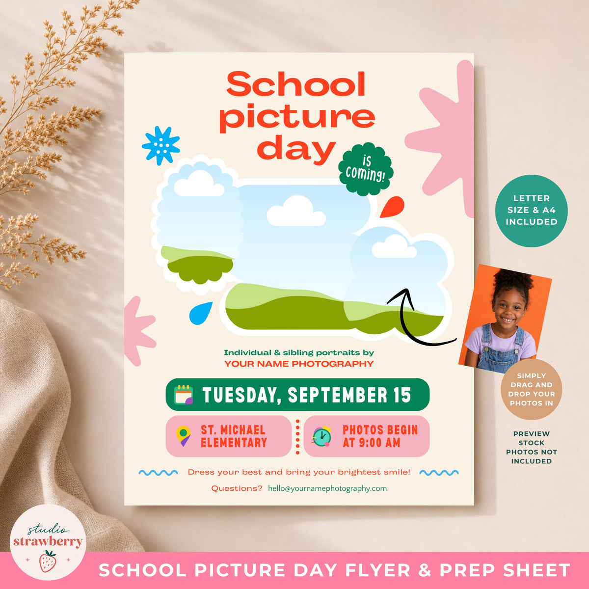 School picture day Canva template with empty photo placeholders and an example student image showing where photographers can add their own photos.