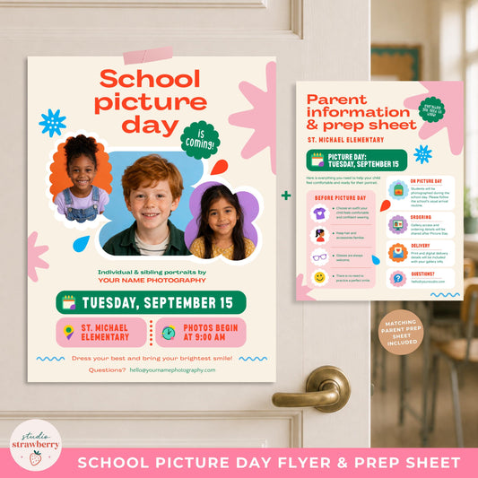 School picture day flyer template and matching parent prep sheet displayed on a school door as a coordinated Canva set for school photographers.