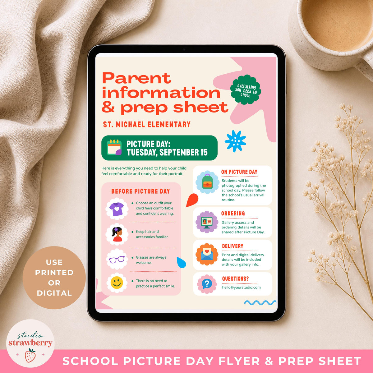 Picture day parent information sheet displayed digitally on a tablet for paperless school photography communication.