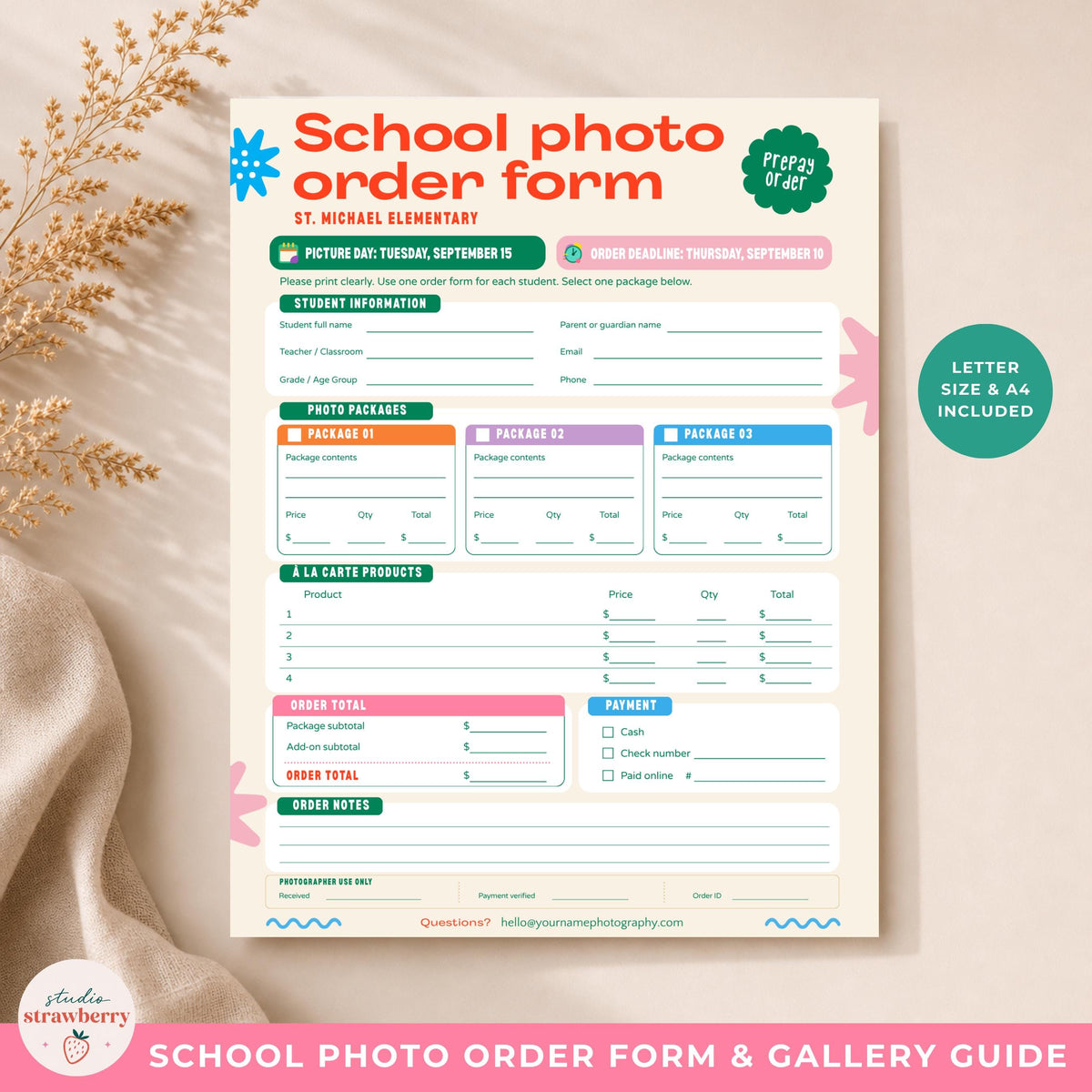 Printable school photo order form displayed on a neutral background with US Letter and A4 size options included.