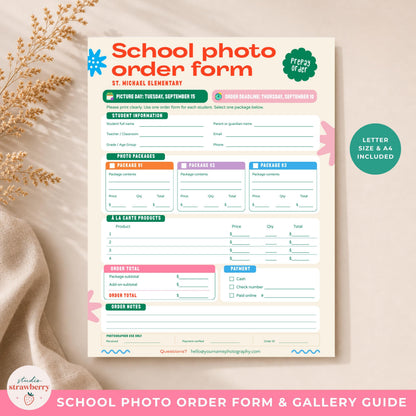 Printable school photo order form displayed on a neutral background with US Letter and A4 size options included.