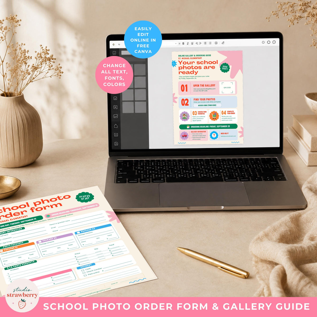 Laptop displaying the school photo gallery guide in Canva with the matching photography order form printed beside it.