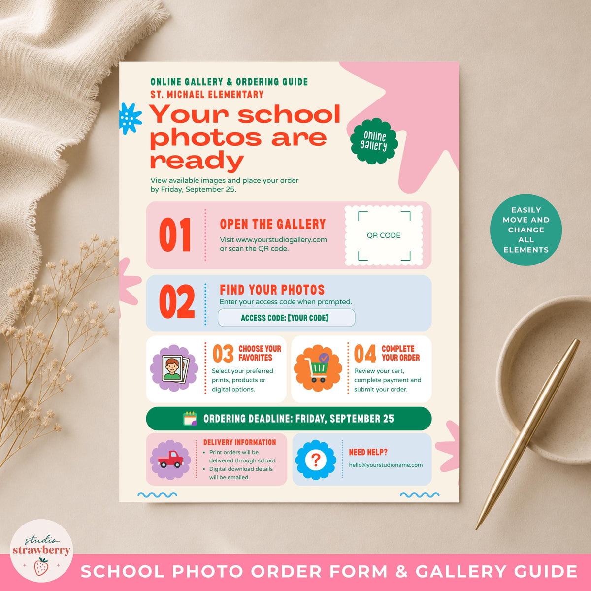 Editable school photo gallery guide displayed on a desk with customizable sections, colors, text and design elements.