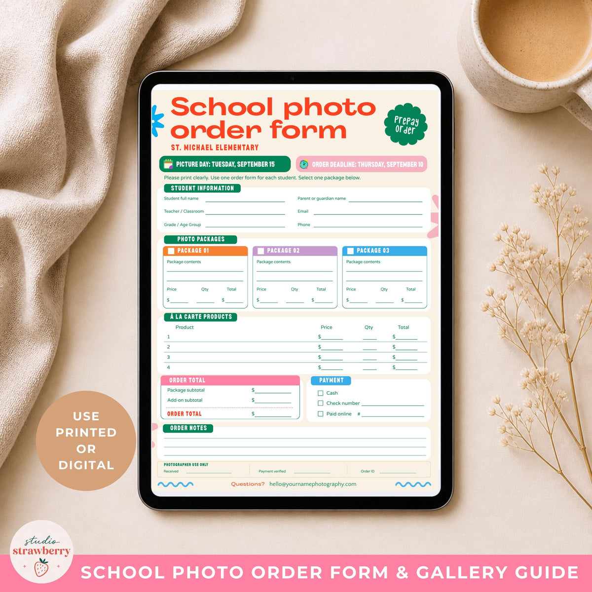 Canva school photo order form shown on a tablet to demonstrate that the finished design can be used digitally or printed.