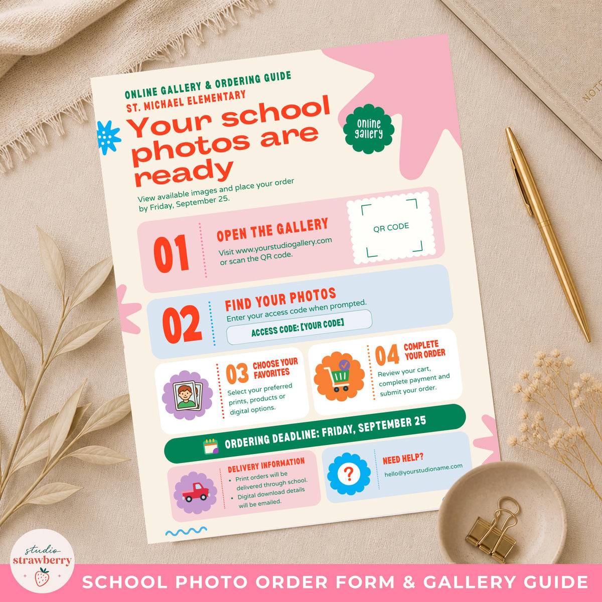 School photo gallery guide template displayed on a neutral desktop with clear step-by-step sections for ordering school portraits online.