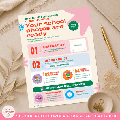 School photo gallery guide template displayed on a neutral desktop with clear step-by-step sections for ordering school portraits online.