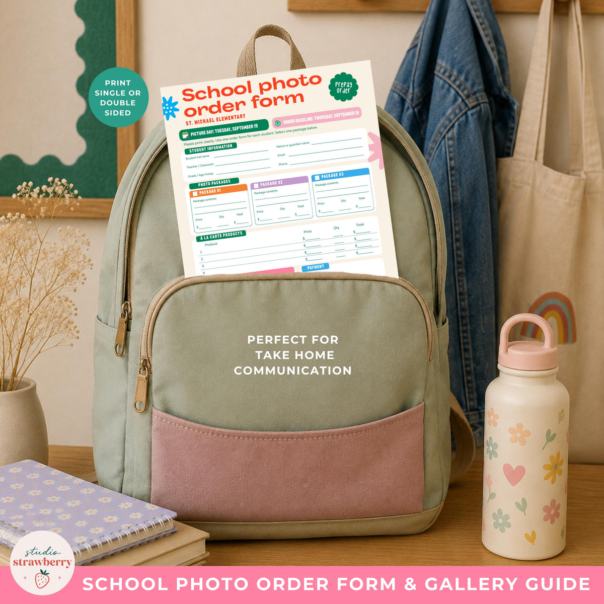 School picture day order form tucked inside a child's backpack to show how the printable form can be sent home to families.