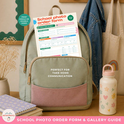 School picture day order form tucked inside a child's backpack to show how the printable form can be sent home to families.