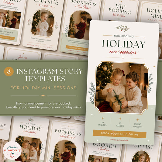 Collage of eight Christmas mini session Instagram story templates in cream, sage green and warm gold for photographers promoting holiday sessions.