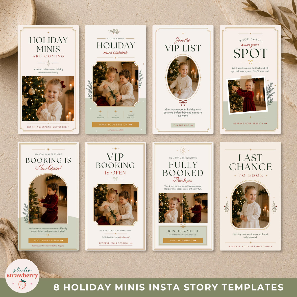 Full set of eight holiday mini session marketing templates arranged in a four by two grid on a neutral textured background.