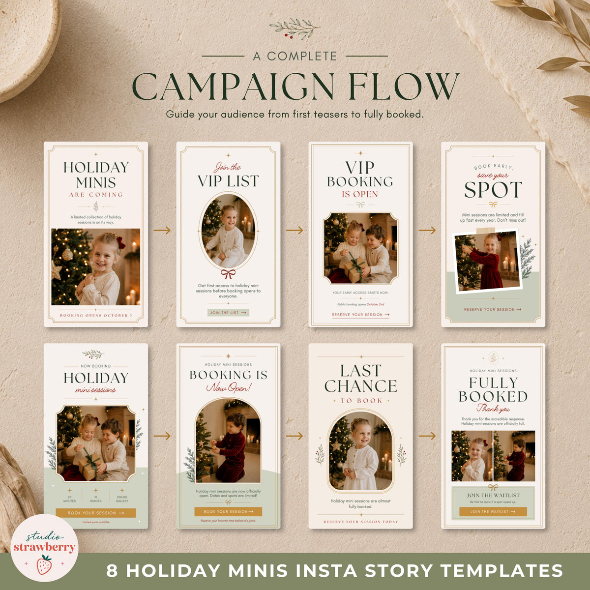 Campaign flow preview showing eight holiday mini session Instagram story templates arranged from announcement through booking and fully booked.