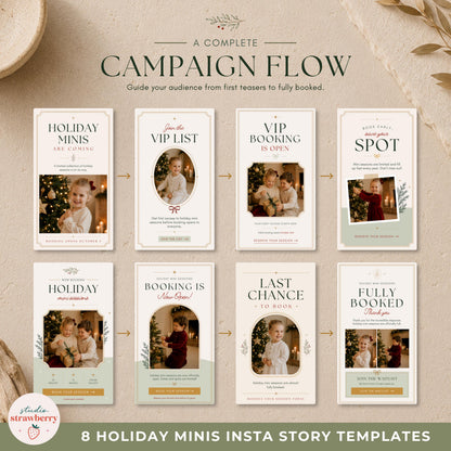 Campaign flow preview showing eight holiday mini session Instagram story templates arranged from announcement through booking and fully booked.