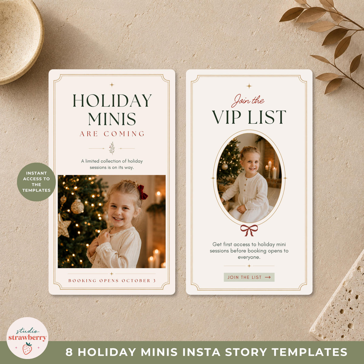 Two Christmas mini session Canva templates for photographers with a session announcement story and VIP list signup design.