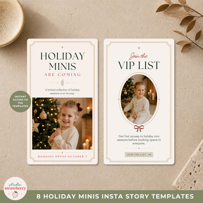 Two Christmas mini session Canva templates for photographers with a session announcement story and VIP list signup design.