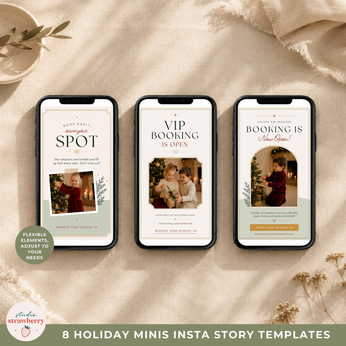 Three phone mockups showing Christmas mini session announcement and booking stories for photographer social media marketing.