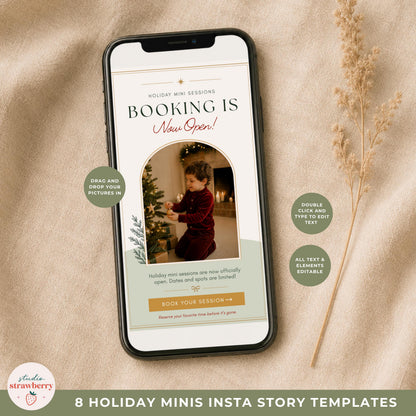 Canva project preview showing Christmas mini session Instagram Story designs kept together as one coordinated template set.