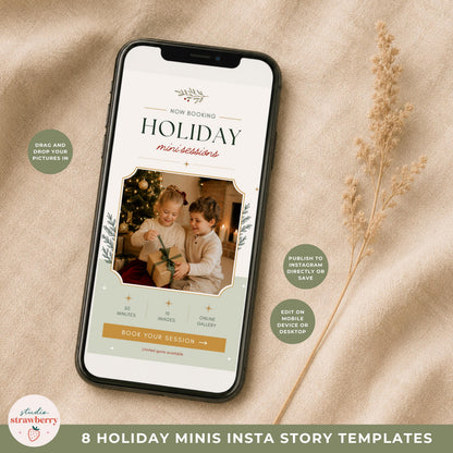 Phone mockup displaying a mini session booking Instagram story template with customizable photography, wording and colors.