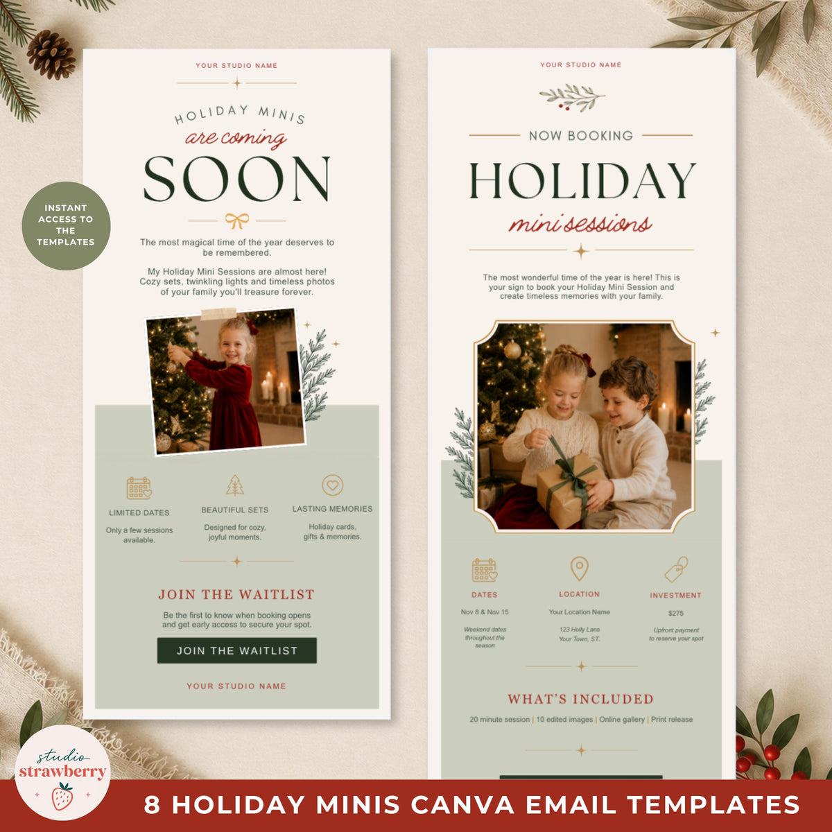 Two editable holiday mini session Canva templates showing a seasonal announcement email and booking email design.