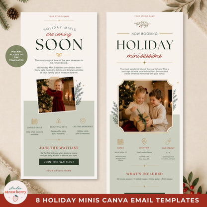 Two editable holiday mini session Canva templates showing a seasonal announcement email and booking email design.