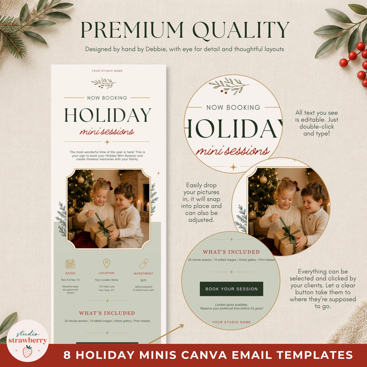 Overview of mini session email templates for photographers, with eight coordinated editable email designs shown together.