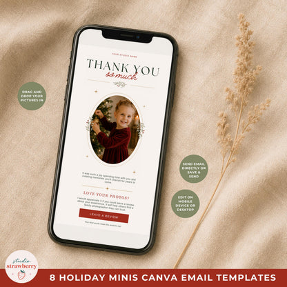 Eight family photographer email templates designed for seasonal mini session marketing and client communication.