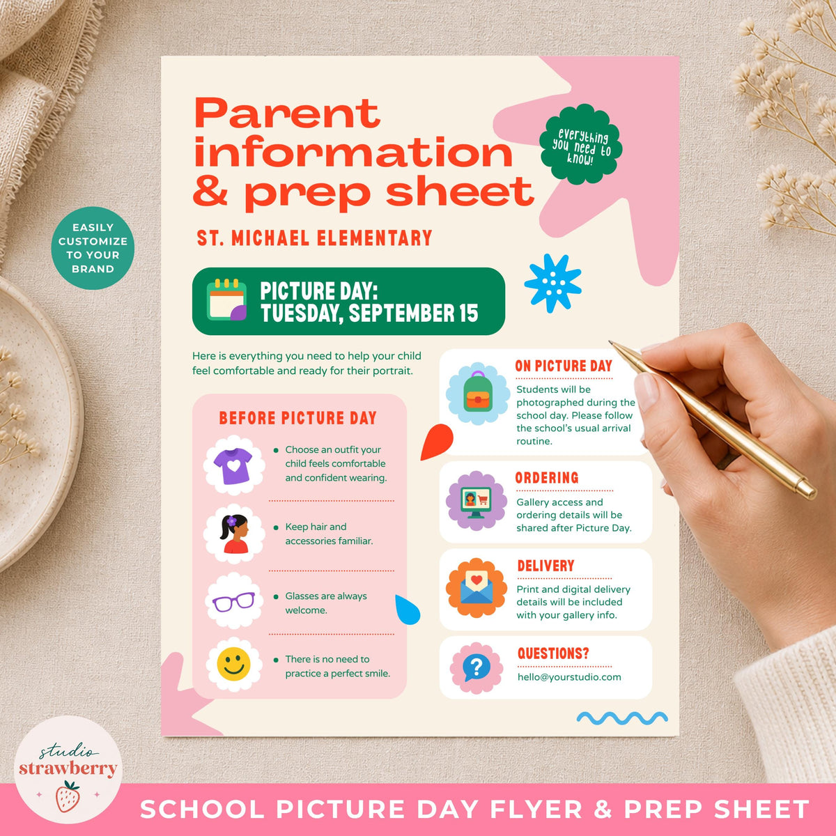 Picture day prep sheet template displayed full size with a hand holding a pen, showing editable parent information sections.