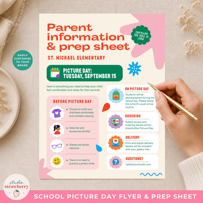 Picture day prep sheet template displayed full size with a hand holding a pen, showing editable parent information sections.