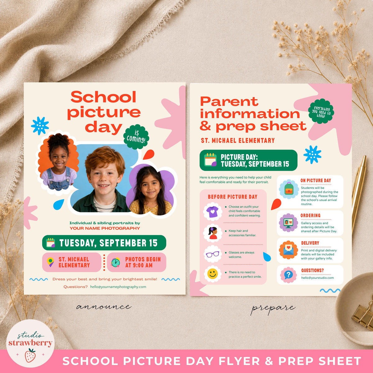 School photography flyer template beside a matching parent information sheet on a neutral desk flat lay for school picture day communication.