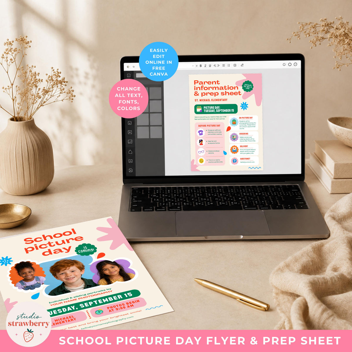 School photo day marketing template open in Canva on a laptop with callouts showing editable text, fonts and colors.